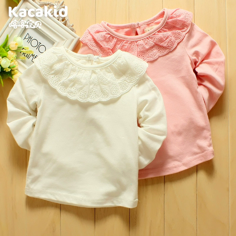 Распродажа весенне-Осенняя детская одежда детская Базовая рубашка с кружевным воротником и короткими рукавами Корейская Сладкая хлопковая Футболка Топ комбинезон