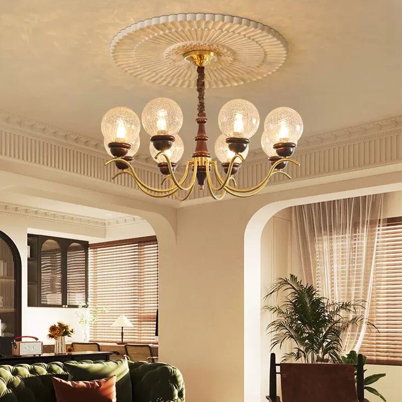 French-Style Vintage Living Room High-End Large Chandelier in Walnut Wood Color, Natural Wood Dining Room and Master Bedroom High-Low Ceiling High-Brightness Chandelier