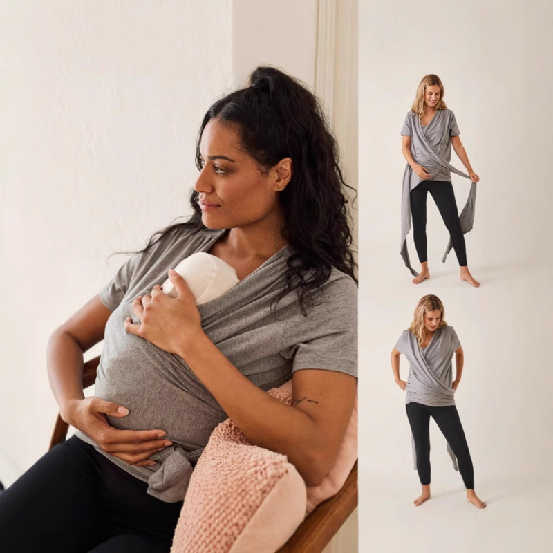 2026 New European and American Cross-Border Foreign Trade Amazon Independent Site Maternity Kangaroo Mom Short-Sleeve Nursing T-Shirt