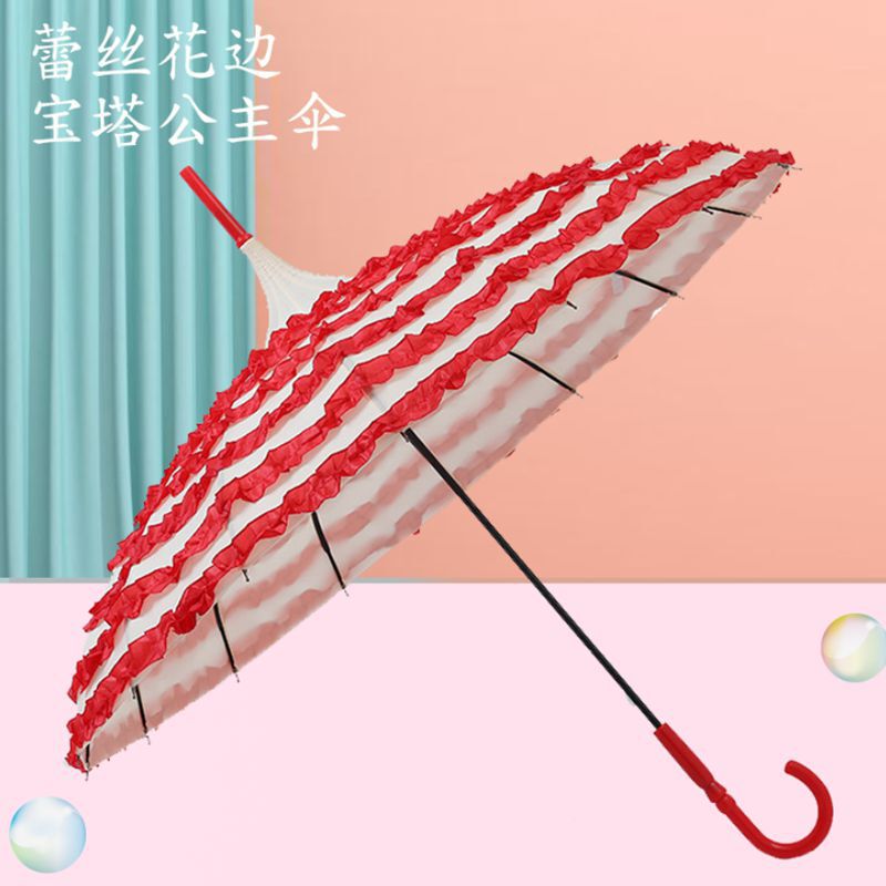 Sun Umbrella with Lace Trim, Pagoda Umbrella, Palace-Style Large Red Wedding Umbrella, Korean Princess Dual-Use Sun and Rain Personalized Parasol