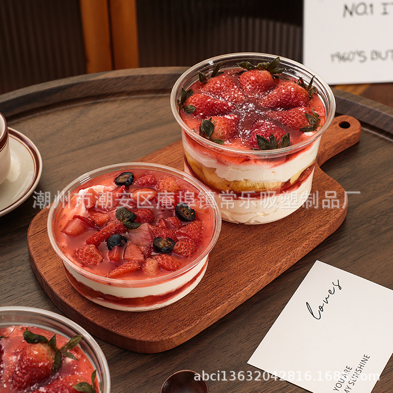 Tazón de pastel de lasana, tazón de hielo en polvo, tazón de fresa, mango, gelatina, fruta fresca cortada, caja de embalaje PET transparente grande y pequeña