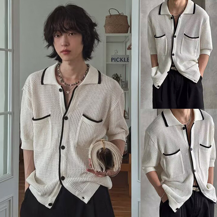 Polo camiseta de punto camiseta de manga corta camiseta con solapa cardigán hombre pequeño bolsillo de viento fragante viejo viento verano fábrica transfronteriza al por mayor