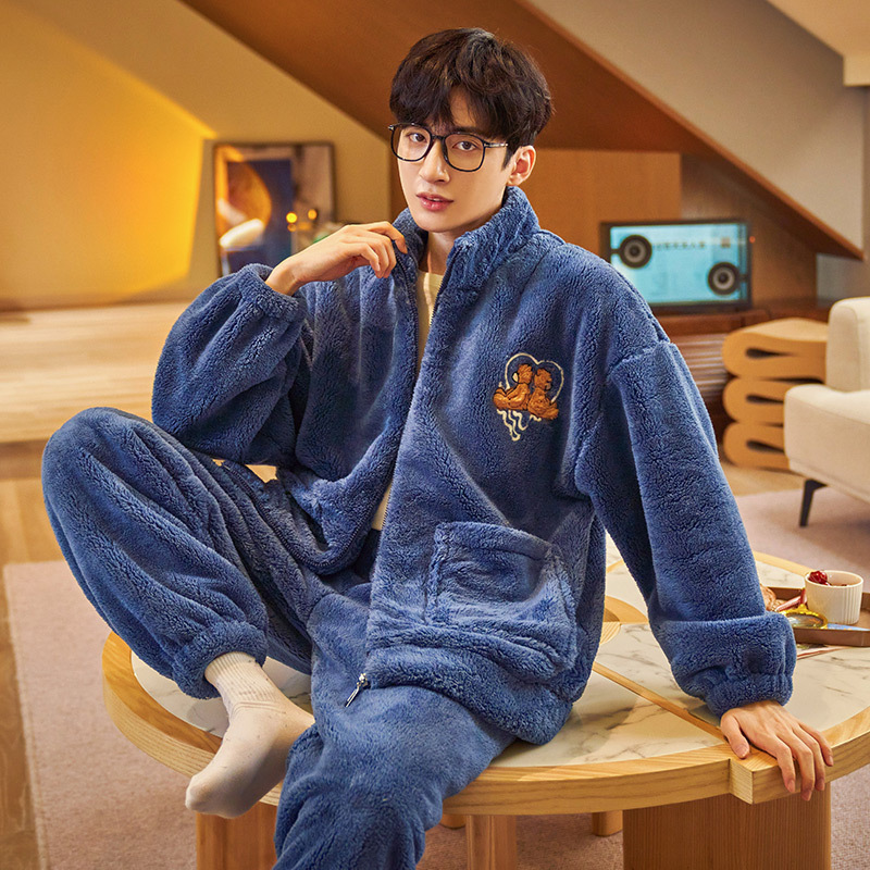 (2개) 겨울 산호 벨벳 남성용 잠옷, 남성용 새 스타일 플러스 벨벳, 두껍고 뚱뚱한 플러스 사이즈 플란넬 가정복 세트