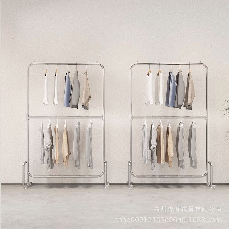 不锈钢拉丝带轮双层展示架可调节童装店挂衣杆女装陈列货架衣架