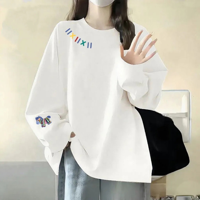 Pure Cotton Long-Sleeved T-Shirt for Women 2025 Spring & Fall Korean Style New Printed Loose Right Shoulder Top Versatile Outer Wear Round Neck Shirt