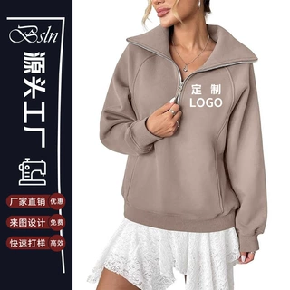 工厂定制logo印花图案亚马逊2025女士加绒宽松半拉链长袖卫衣欧美