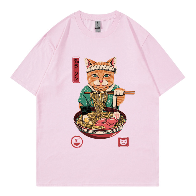 New Zhuoli station Kung Fu cat eating noodles printed t-shirt men's and women's Casual Short Sleeve round neck top_voghion.com