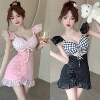 Drawstring plaid patchwork dress for women's nightclubs， work clothes， waistband irregular skirt