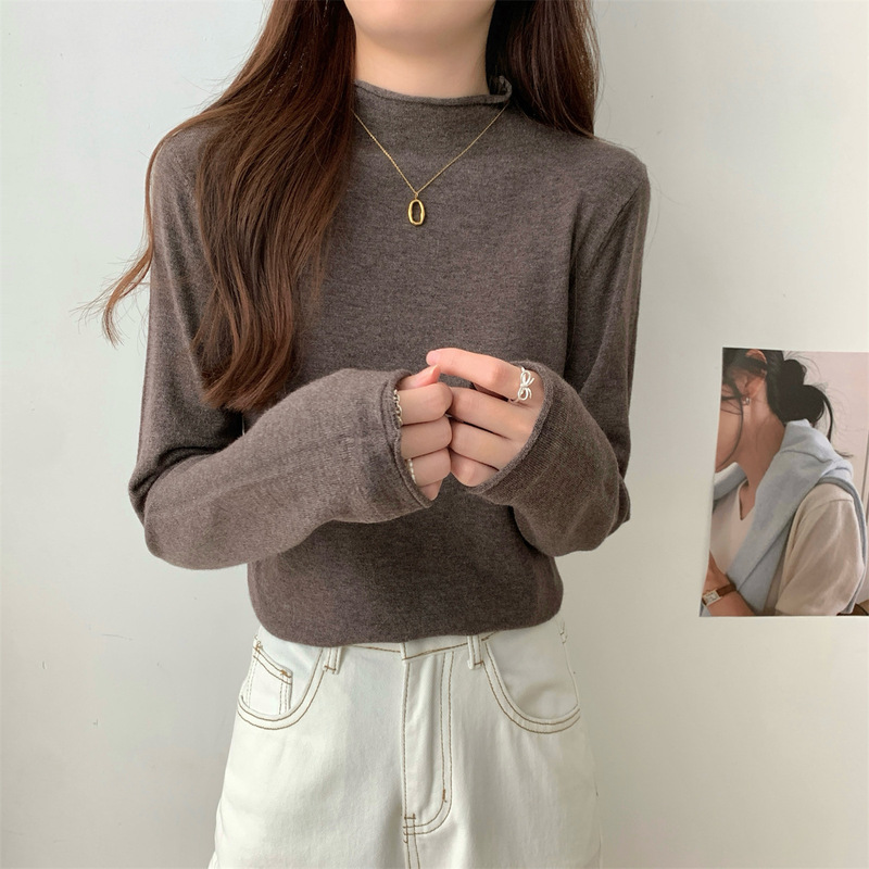 韩版基础款圆领卷边针织衫打底女早秋慵懒风毛衣长袖软糯内搭上衣|undefined