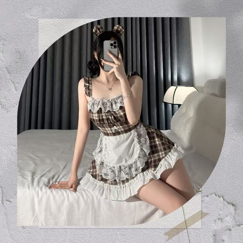 Maid Roleplay Costume Set with Plaid Dress and White Tights, One Size Polyester — detail image 7