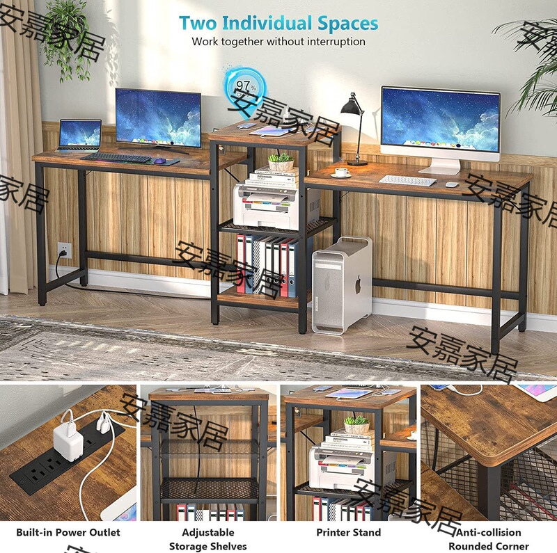 Double desk with power socket with open storage rack and printer bracket, gaming computer desk