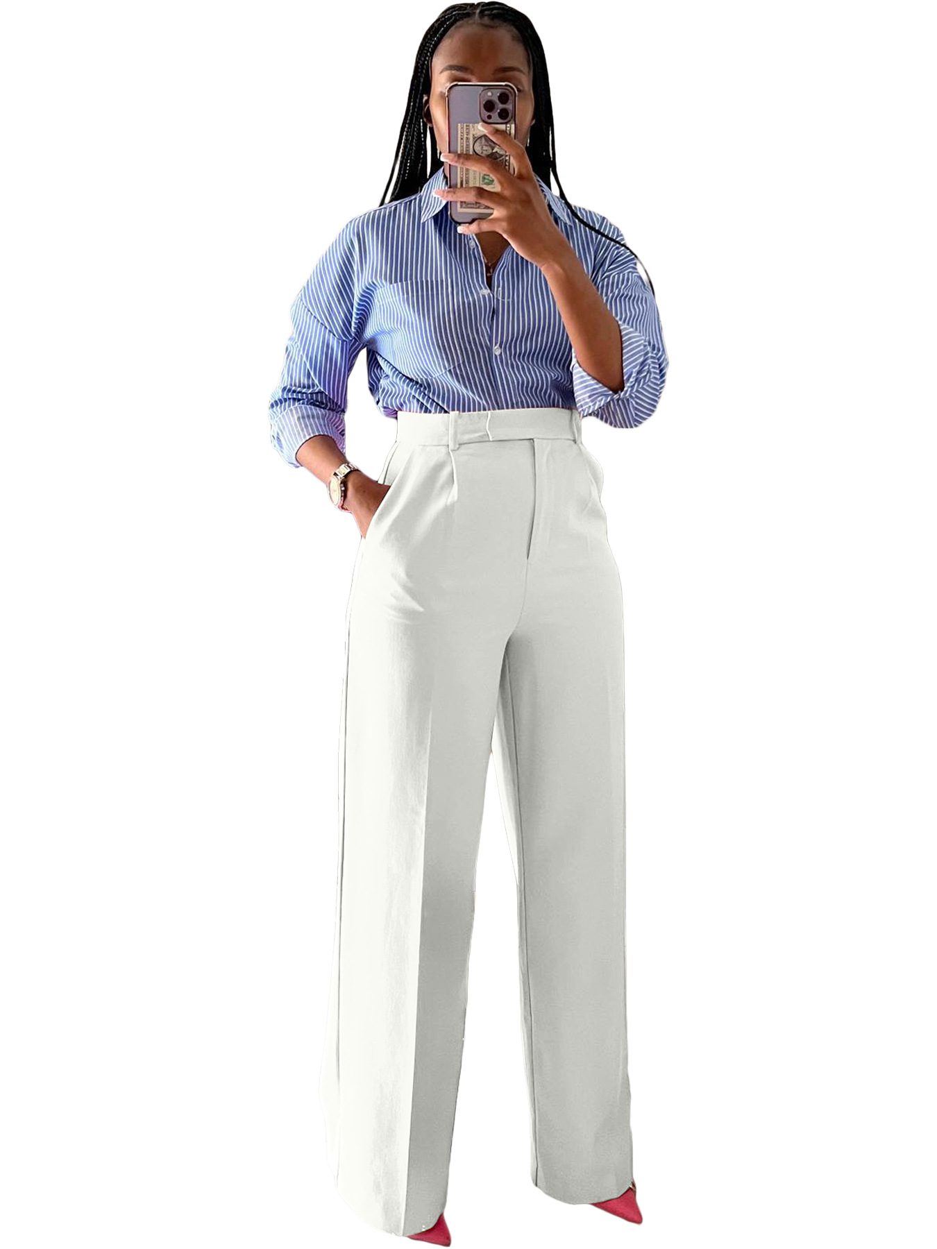 High waisted straight wide leg casual trousers_mkmklike.com