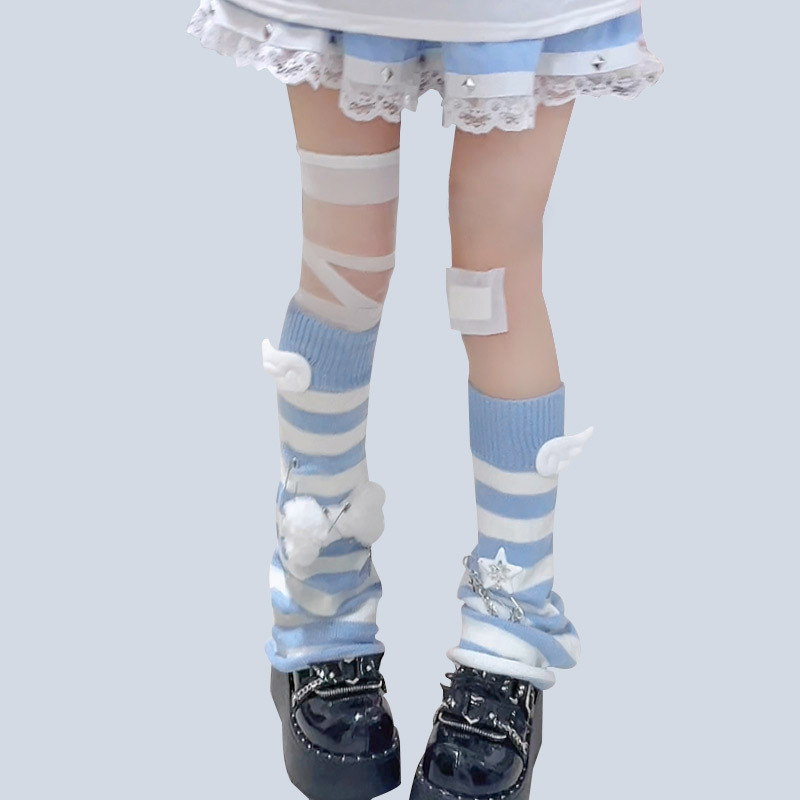 オリジナルy2kサブカルチャー水色青と白のストライプフレアレッグカバー日本製骨原宿パイルソックスカバーフロアレース|undefined