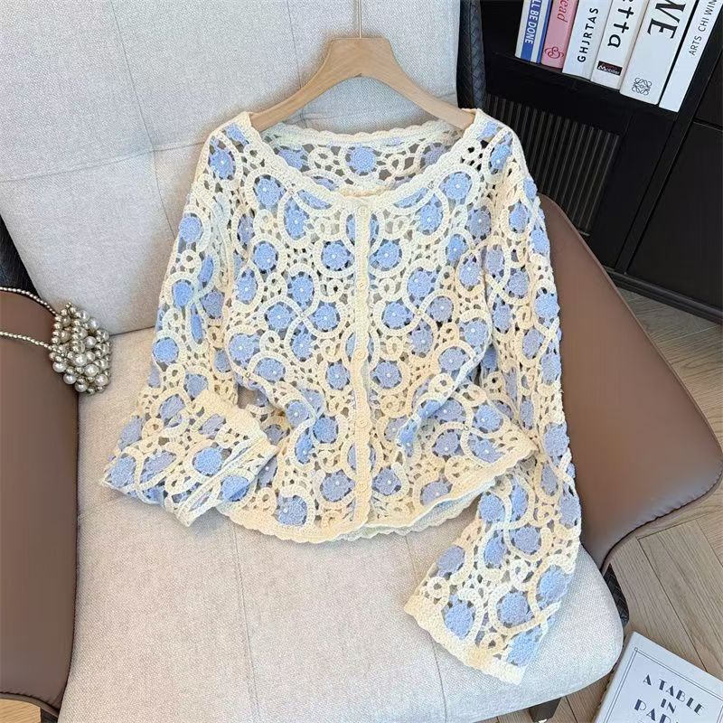 Fresh Light Blue Crochet Hollow-Out V-Neck Knit Cardigan for Women, New Spring Style, Layered Design, Outerwear Top Fresh Light Blue Crochet Hollow-Out V-Neck Knit Cardigan for Women, New Spring Style, Layered Design, Outerwear Top