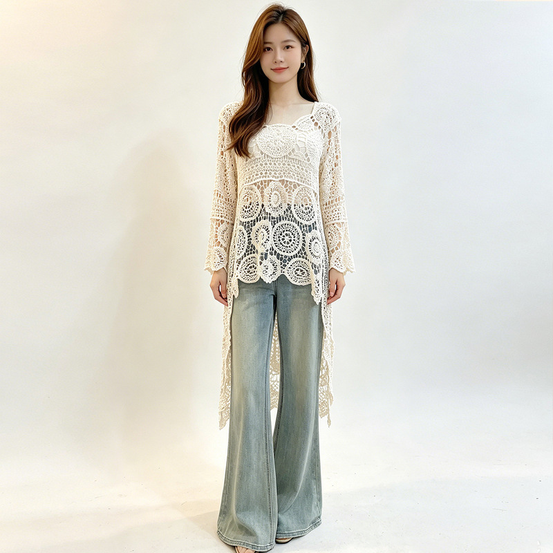 French-Style Crochet Knit Blouse for Women, Summer Gentle Style, Slimming and Unique Top 3029-X #