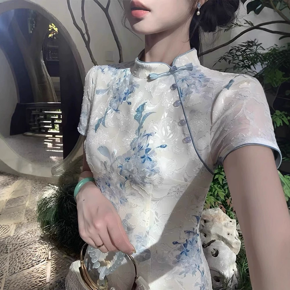 8963 # Новое синее платье Cheongsam в китайском стиле с крутым принтом для женщин летом с нежной талией и фигурой