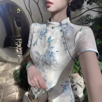 8963 # Новое синее платье Cheongsam в китайском стиле с крутым принтом для женщин летом с нежной талией и фигурой