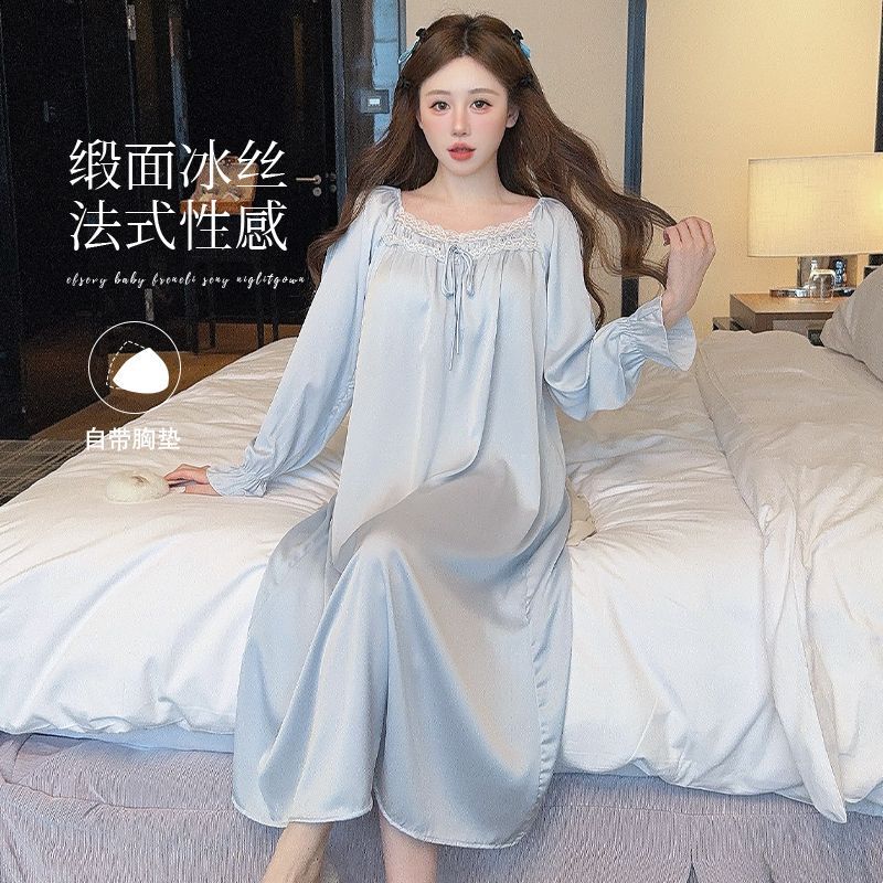 Long-Sleeved Nightgown with Breast Pads for Women, Spring Sexy Lace-Trimmed V-Neck Ice Silk Pajamas, Super Long Dress, Home Wear