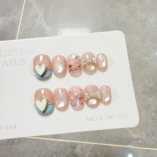 Cream Heart Pure Handmade Wearable Nails Short Style Wholesale Green Heart Butterfly Diamond Cat Eye Fake Nails Manicure Patch
