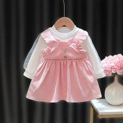 女童春秋裝泡泡袖純色連衣裙子2021新款韓版潮流兒童春秋假兩件潮