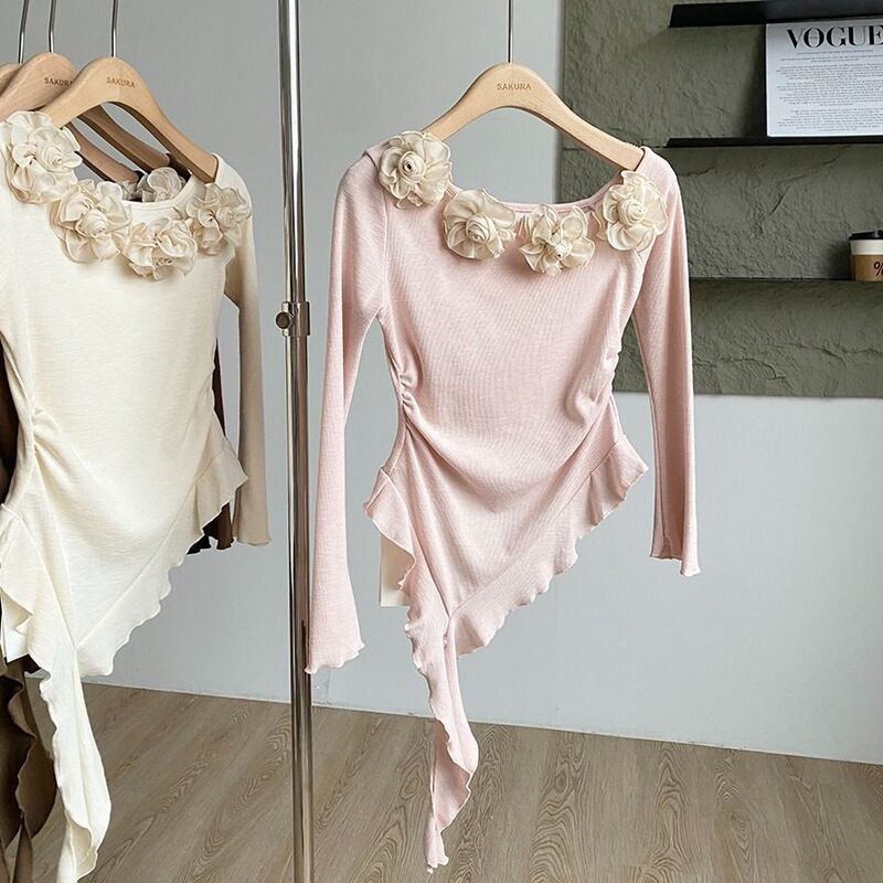 Korean Style Spicy Girl Three-Dimensional Floral Asymmetrical Off-Shoulder Long-Sleeve T-Shirt for Women, New Spring and Autumn Ruffled Irregular Top Trendy Korean Style Spicy Girl Three-Dimensional Floral Asymmetrical Off-Shoulder Long-Sleeve T-Shirt for Women, New Spring and Autumn Ruffled Irregular Top Trendy