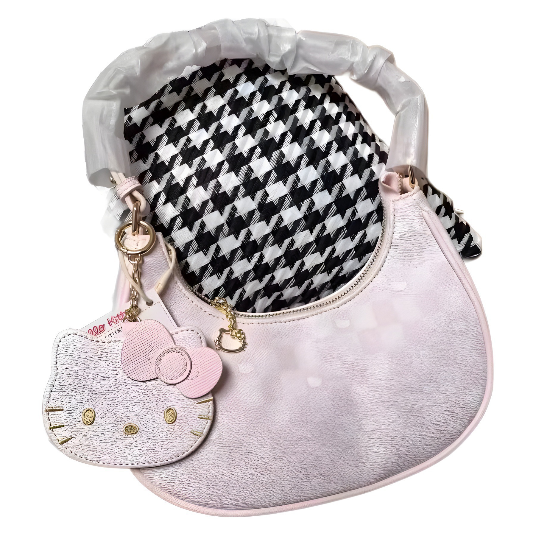 2025 nueva bolsa de polvo para las axilas de Kitty cuadros de tablero de ajedrez dulce adorable media luna bolso de hombro diseño de nicho