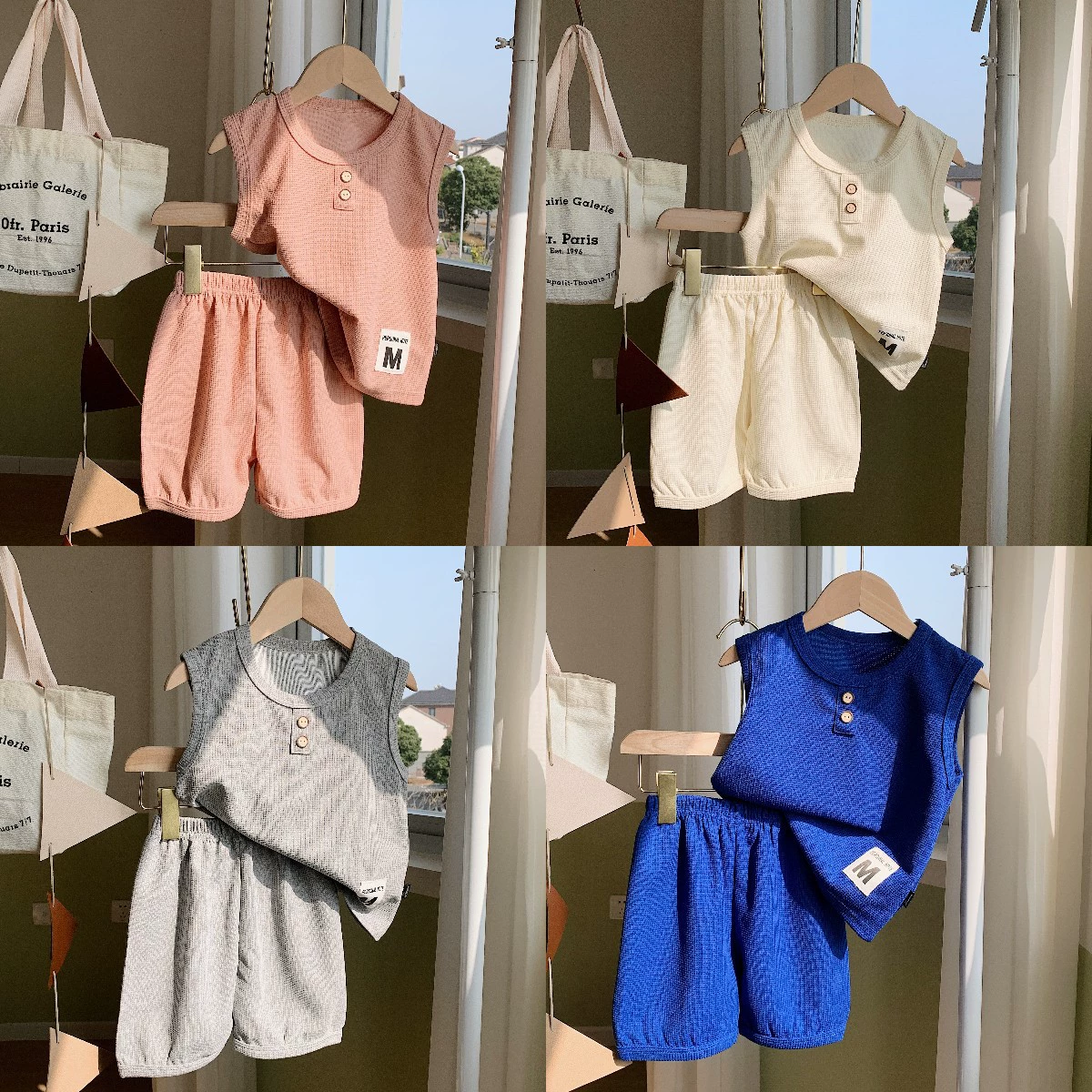 Новый Детский костюм-жилет, детский летний детский вафельный костюм из двух частей с короткими рукавами, модный детский костюм, модный