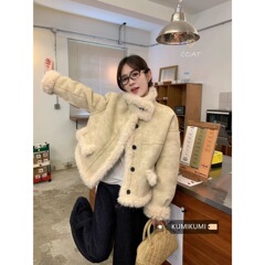 感羊羔毛拼接麂皮绒外套女冬季复古加绒加厚保暖呢子棉服上衣