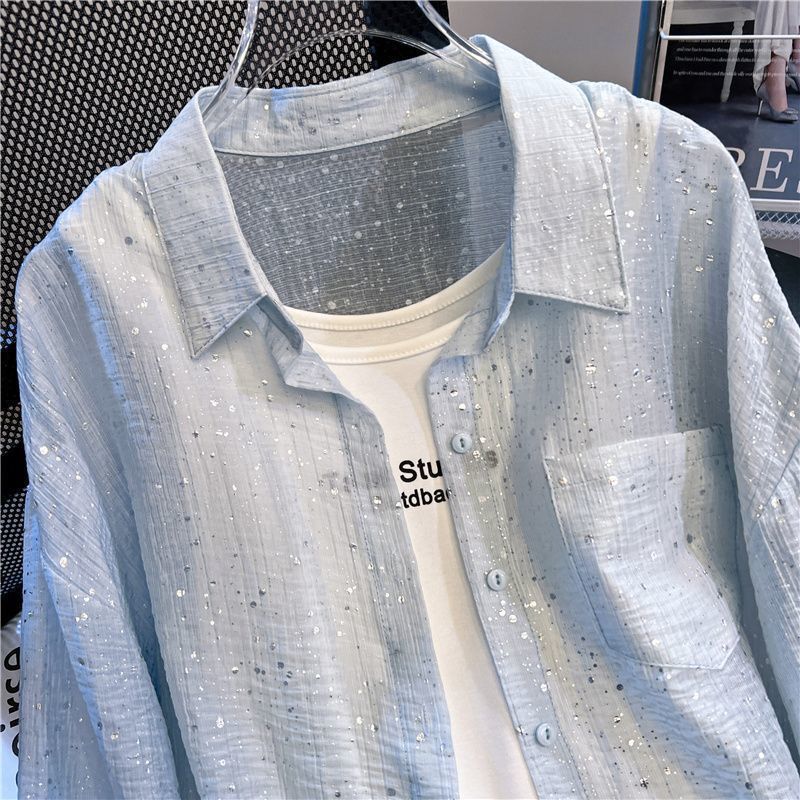 2026 Summer Thin Top with Sequin Design, Casual Loose Sun-Protective Long-Sleeve Shirt for Women, Plus Size Lightweight Blouse
