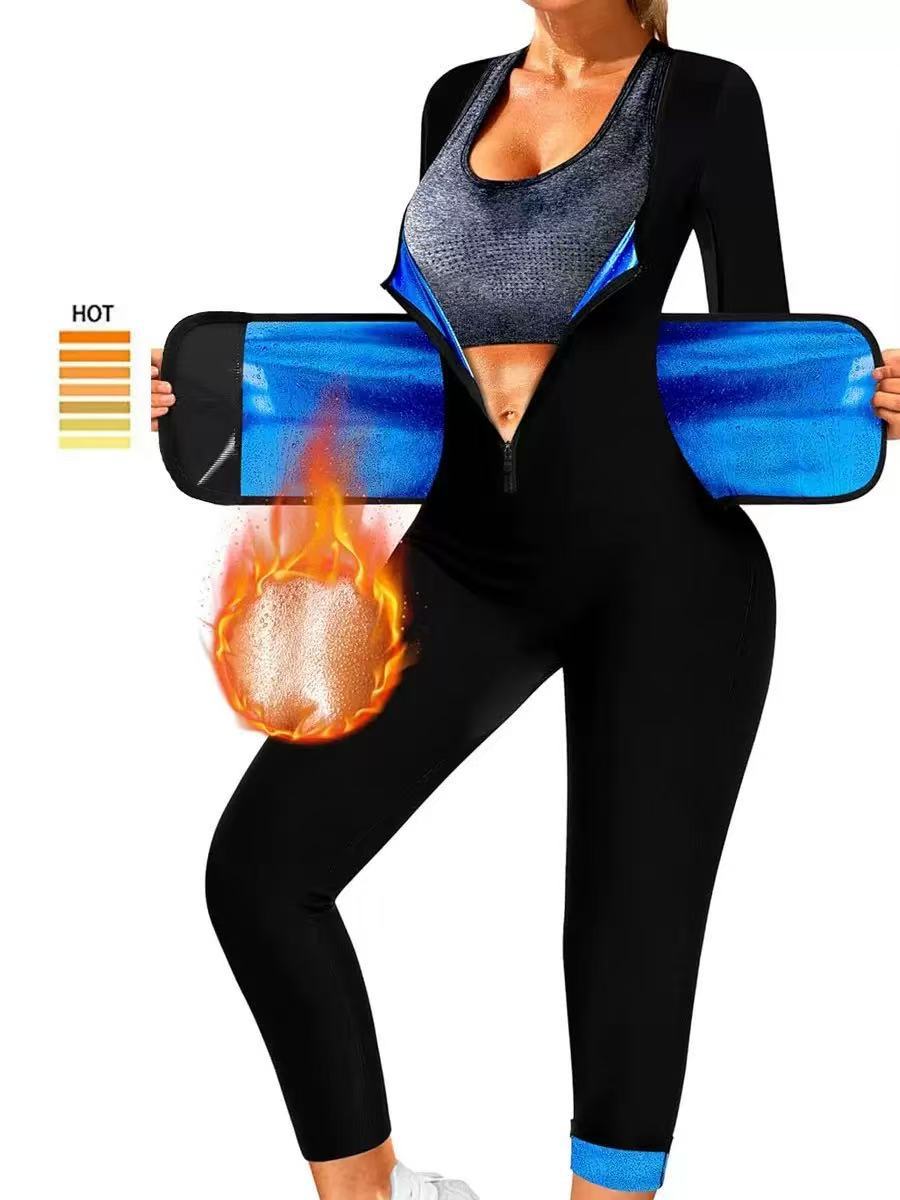 Sudor cinturón pantalones de manga larga PU azul de una pieza