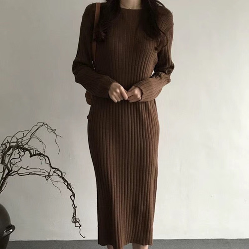 Autumn/Winter 2024 Long-Sleeve Round Neck Knit Dress - New Mid-Length Solid Color Base Round Neck Straight Trousers Kneeling Dress