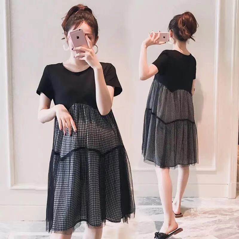 Maternity Summer Short-sleeved Mid-length Dress Fashionable Plaid Mesh Stylish Loose Pregnant Women's Dress Maternity Summer Short-sleeved Mid-length Dress Fashionable Plaid Mesh Stylish Loose Pregnant Women's Dress