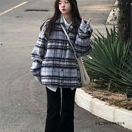 小香风格子大衣外套毛呢女秋冬季新款加绒加厚小个子韩系港风上衣