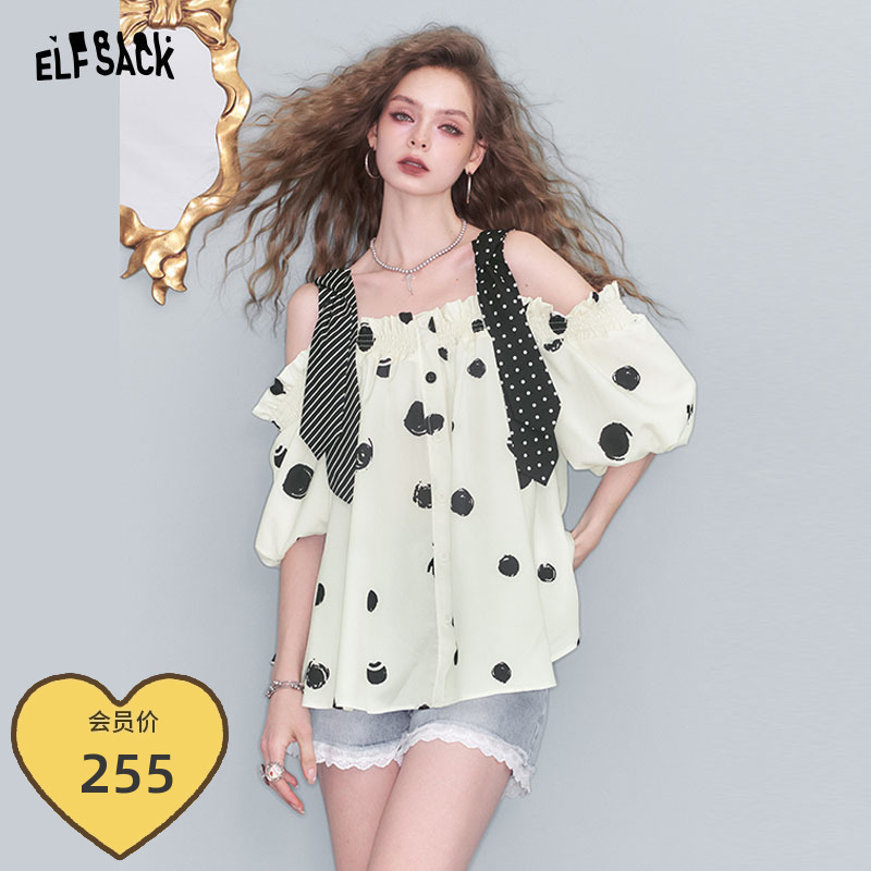 Fairy's "Queen of Polka Dots" French One-Shoulder Polka-Dot Shirt with Ear-Trimmed Short-Sleeved Top