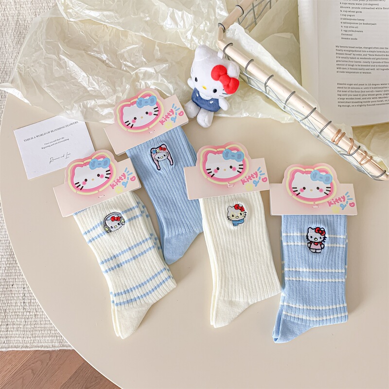 Blue Kt Cat Mid-Calf Socks Autumn and Winter Cotton Sweat-Absorbent and Deodorant Beautifully Packaged Cartoon Embroidered Socks for Women Cute Pile Socks