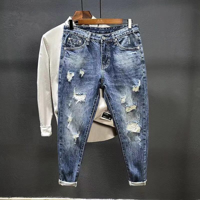 Ripped jeans men's autumn new fashion brand slim fit feet scraping old pants trendy Korean style cropped pants