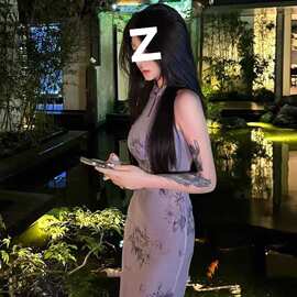 紫丁香新中式印花镂空改良旗袍裙女复古温柔风设计感小众开叉裙