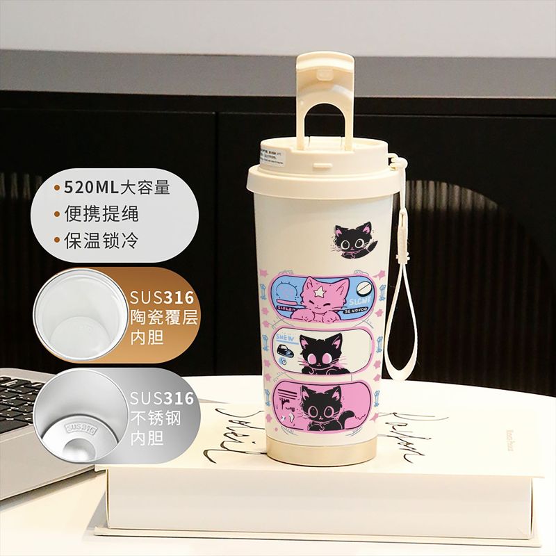 新款童趣咖啡杯316不锈钢保温杯卡通带吸管杯子双饮高颜值喝水杯|undefined