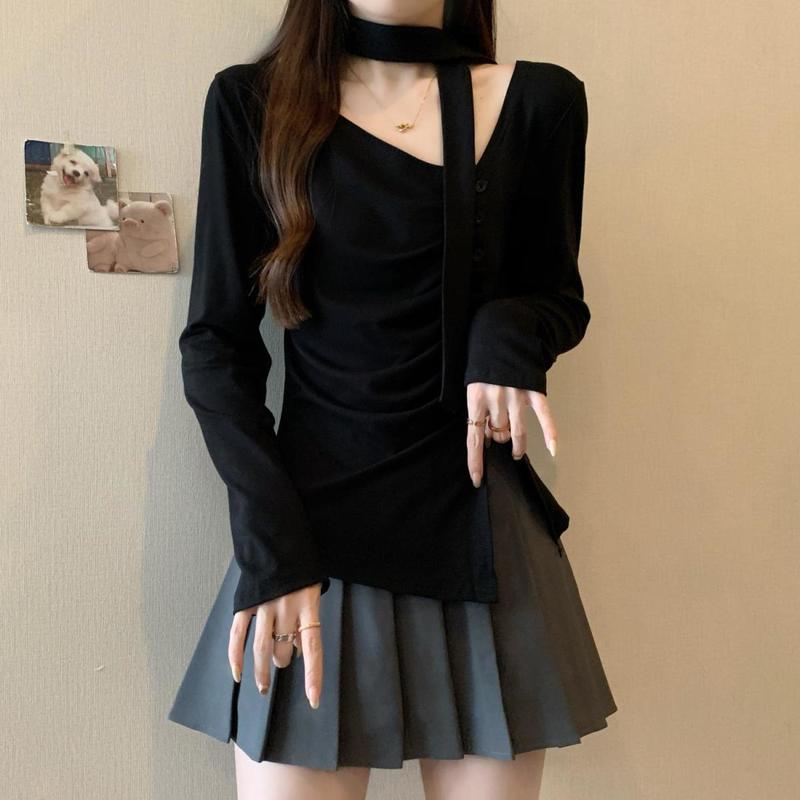 安可拉红V领正肩长袖T恤女秋大码胖mm不规则打底衫高级感挂脖上衣|undefined