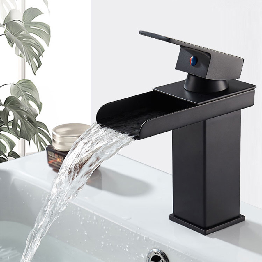 Waterfall negra transfronteriza lavabo grifo LED baño frío y caliente lavabo lavabo sobre encimera lavabo de un solo orificio