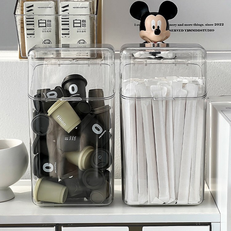 Disposable Straw and Spoon Storage Box with Lid, Dust-Proof Capsule Coffee and Milk Tea Stick Storage Box, Large Capacity Storage Rack