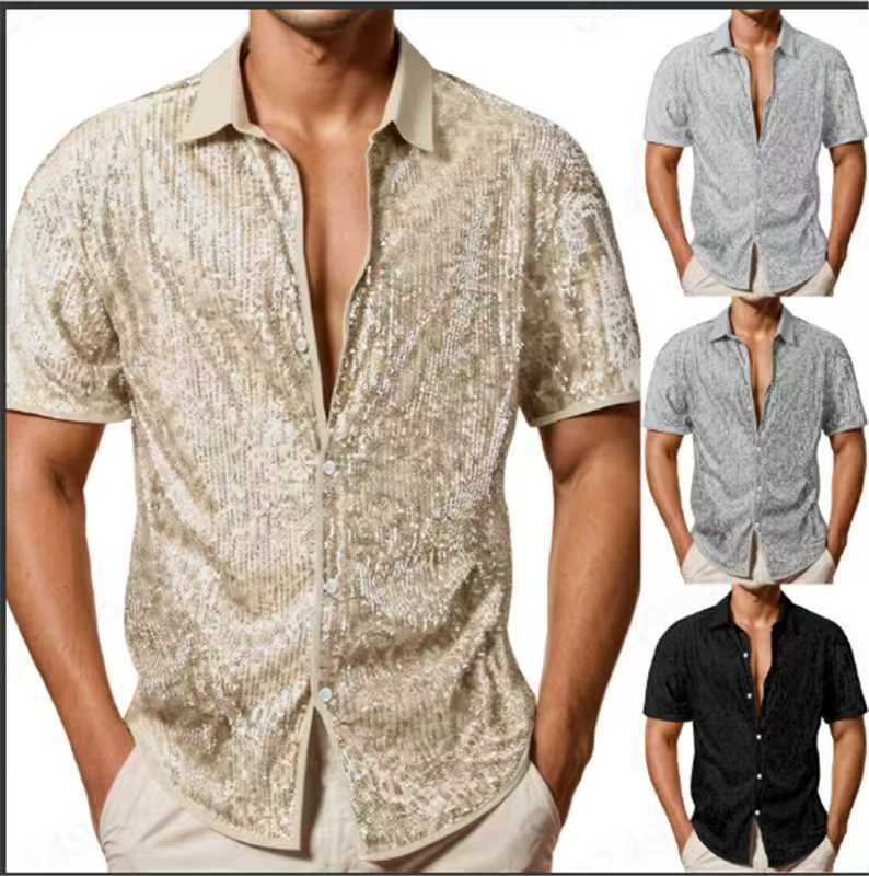 Men's New Summer Style Sequined Short-Sleeved Shirt with Lapel Cardigan, Casual Fashion Party Nightclub Men's Top Men's New Summer Style Sequined Short-Sleeved Shirt with Lapel Cardigan, Casual Fashion Party Nightclub Men's Top