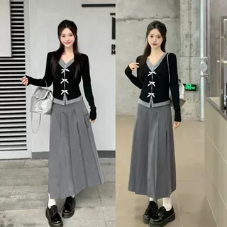 跨境出口假两件撞色V领长袖开衫女早秋修身显瘦休闲百搭短款上衣