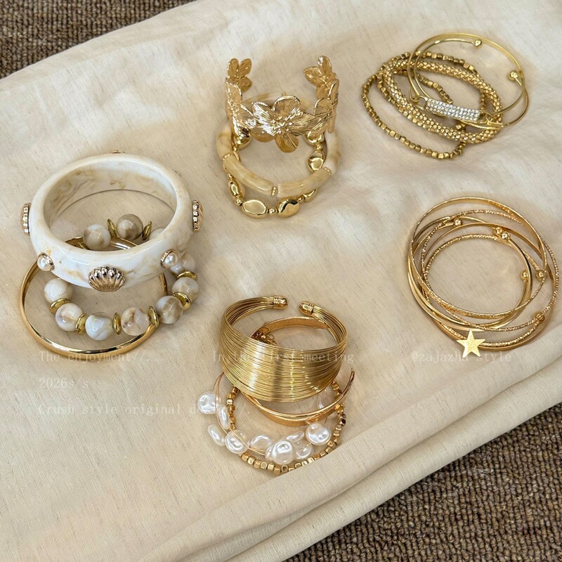 Gilded Old Dreams~ Vintage Gold Set of Stackable Bracelets for Women, Holiday Style, Niche Bracelets, Exaggerated Hand Jewelry Gilded Old Dreams~ Vintage Gold Set of Stackable Bracelets for Women, Holiday Style, Niche Bracelets, Exaggerated Hand Jewelry