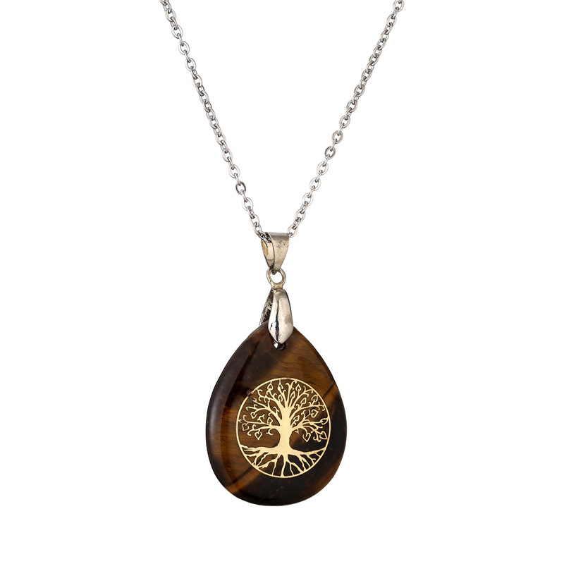 Classical Tree Water Droplets Stainless Steel Natural Stone Pendant Necklace In Bulk display picture 1