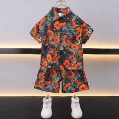 男童夏裝套裝洋氣襯衫2024新款兒童夏季短袖衣服寶寶襯衣兩件套潮