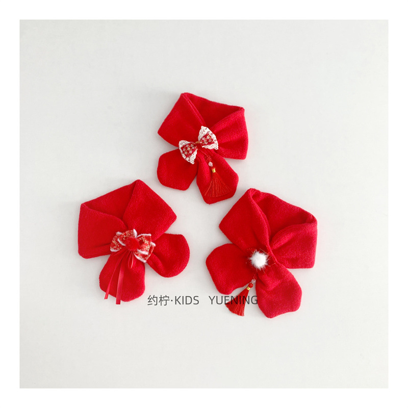 여자아이를 위한 중국 스타일  새해 모자 달콤한 리본 이어머프 니트 모자 빨간색 축제 모자 스카프 세트