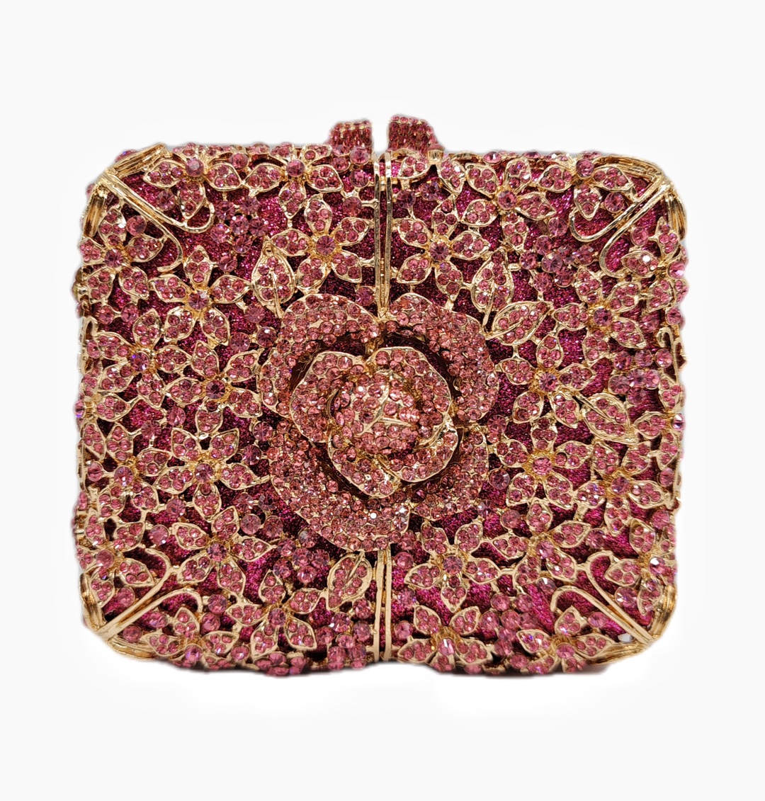 Túi clutch nữ đính đá dạ hội pha lê hoa kim cương kiểu Âu Mỹ — hoa hồng đỏ, hồng nhạt, màu vàng, pha lê màu vàng chi tiết 2