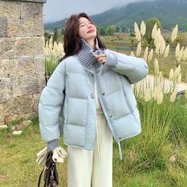 休闲风短款羽绒服女2025新冬针织罗纹拼接国标90绒白鸭绒羽绒外套