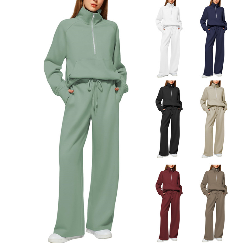 European and American Amazon Women's 2-piece Set 2024 Oversized Half-zipper Sweatshirt Wide-leg Sports Pants Casual suit Women